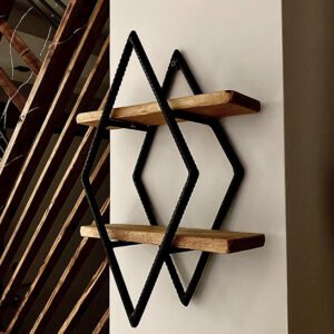 Mensola doppia a parete in ferro e legno | Mensola geometrica design industrial